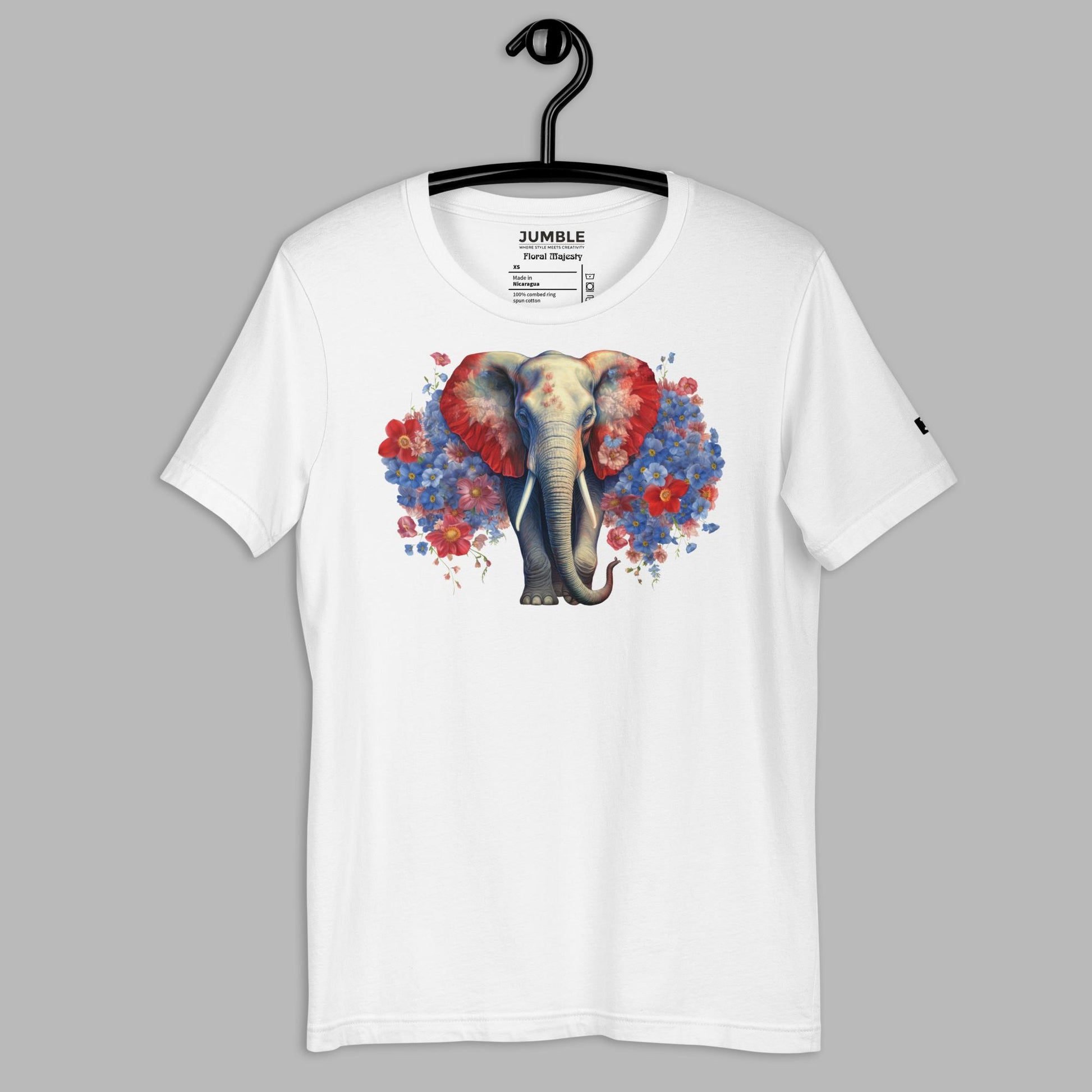 white Floral Majesty Unisex t-shirt displayed on a hanger