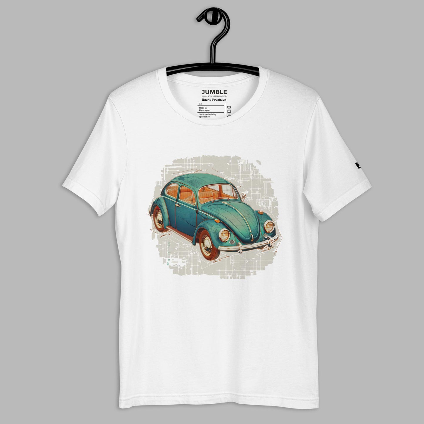 white Beetle Precision Unisex t-shirt displayed on a hanger