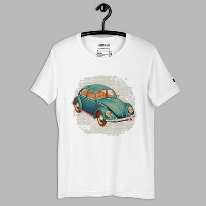 white Beetle Precision Unisex t-shirt displayed on a hanger