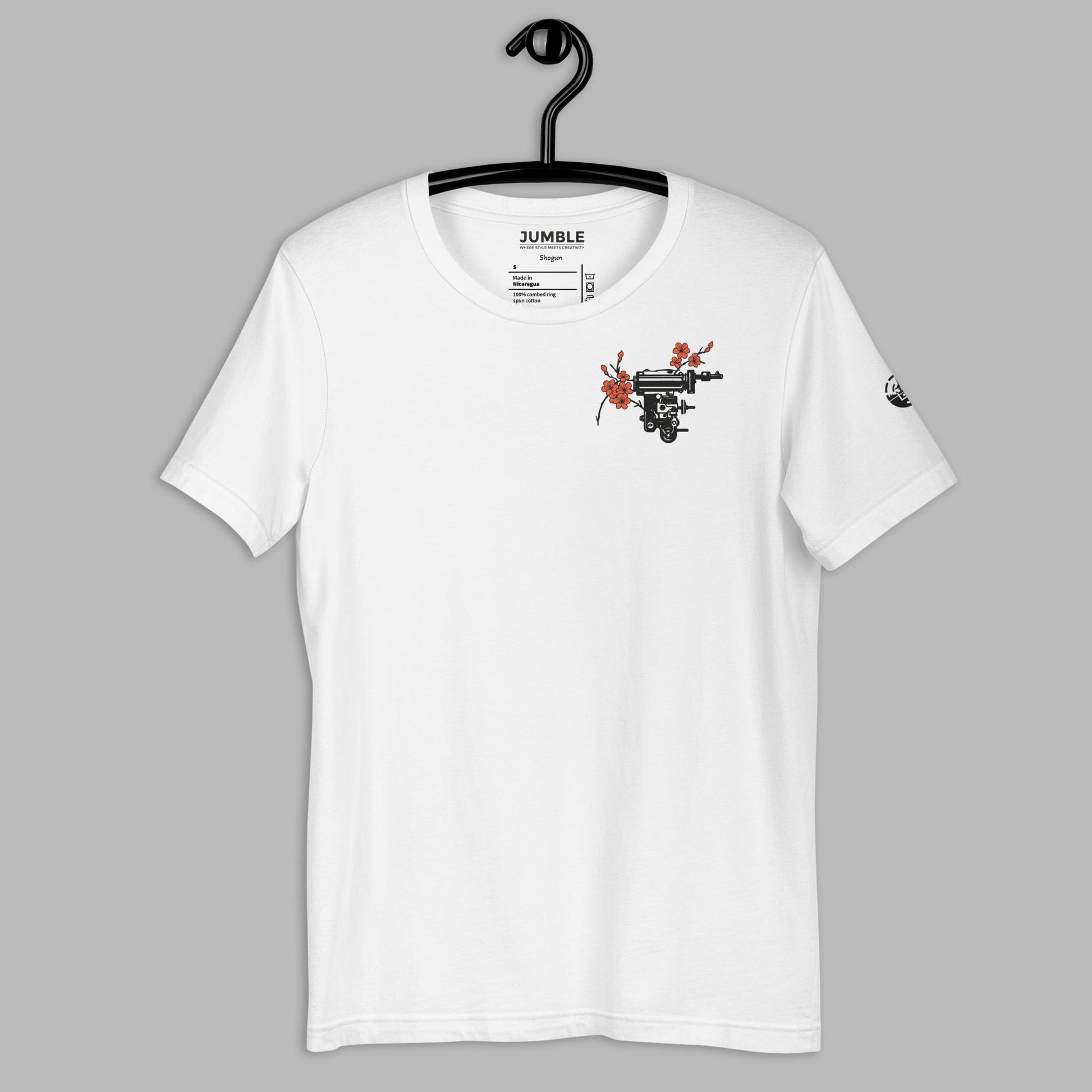 front of white Shogun Unisex t-shirt displayed on a hanger