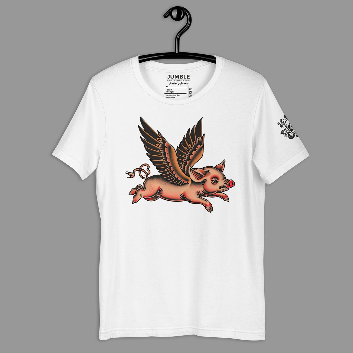 white Soaring Swine Unisex t-shirt on a hanger