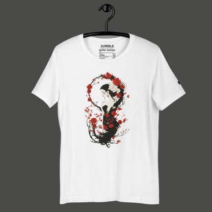 white Gothic Garden Unisex t-shirt on a hanger