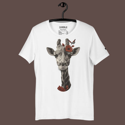 white Petal Neck Unisex t-shirt on a hanger