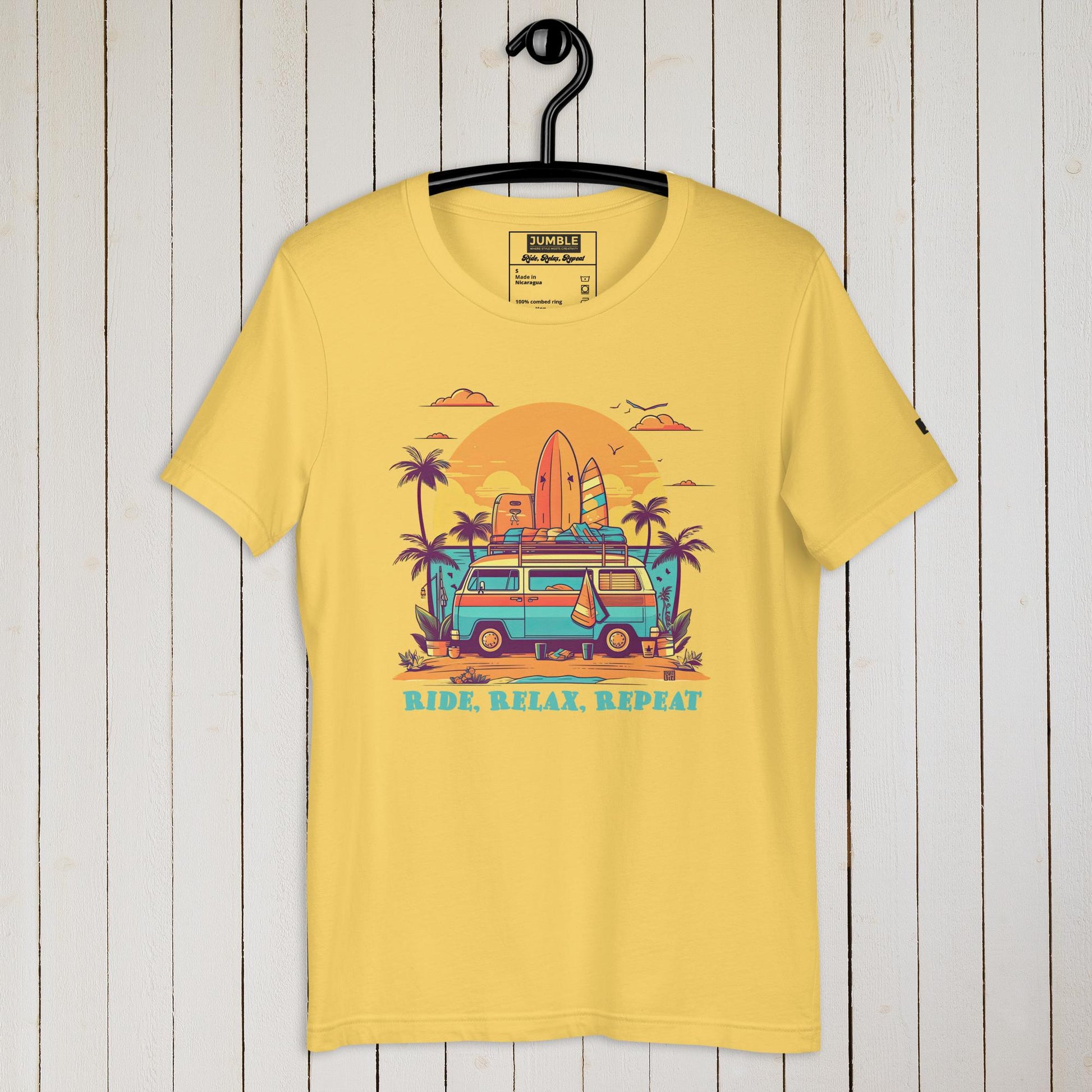 Unisex "Ride, Relax, Repeat" T-Shirt in Yellow - Hanging on a hanger.