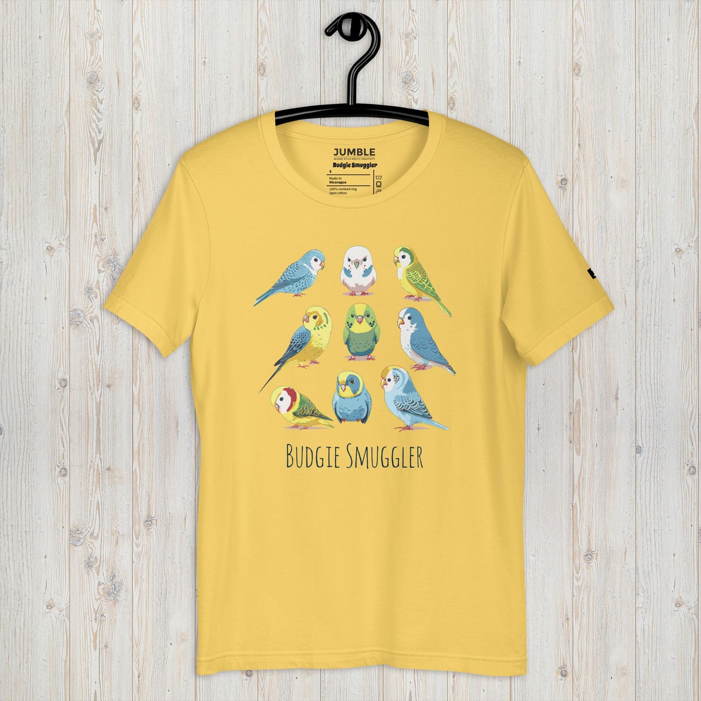 yellow Budgie Smuggler Unisex t-shirt displayed on a hanger