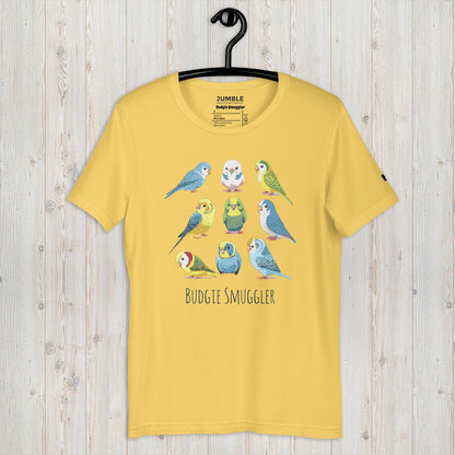 yellow Budgie Smuggler Unisex t-shirt displayed on a hanger