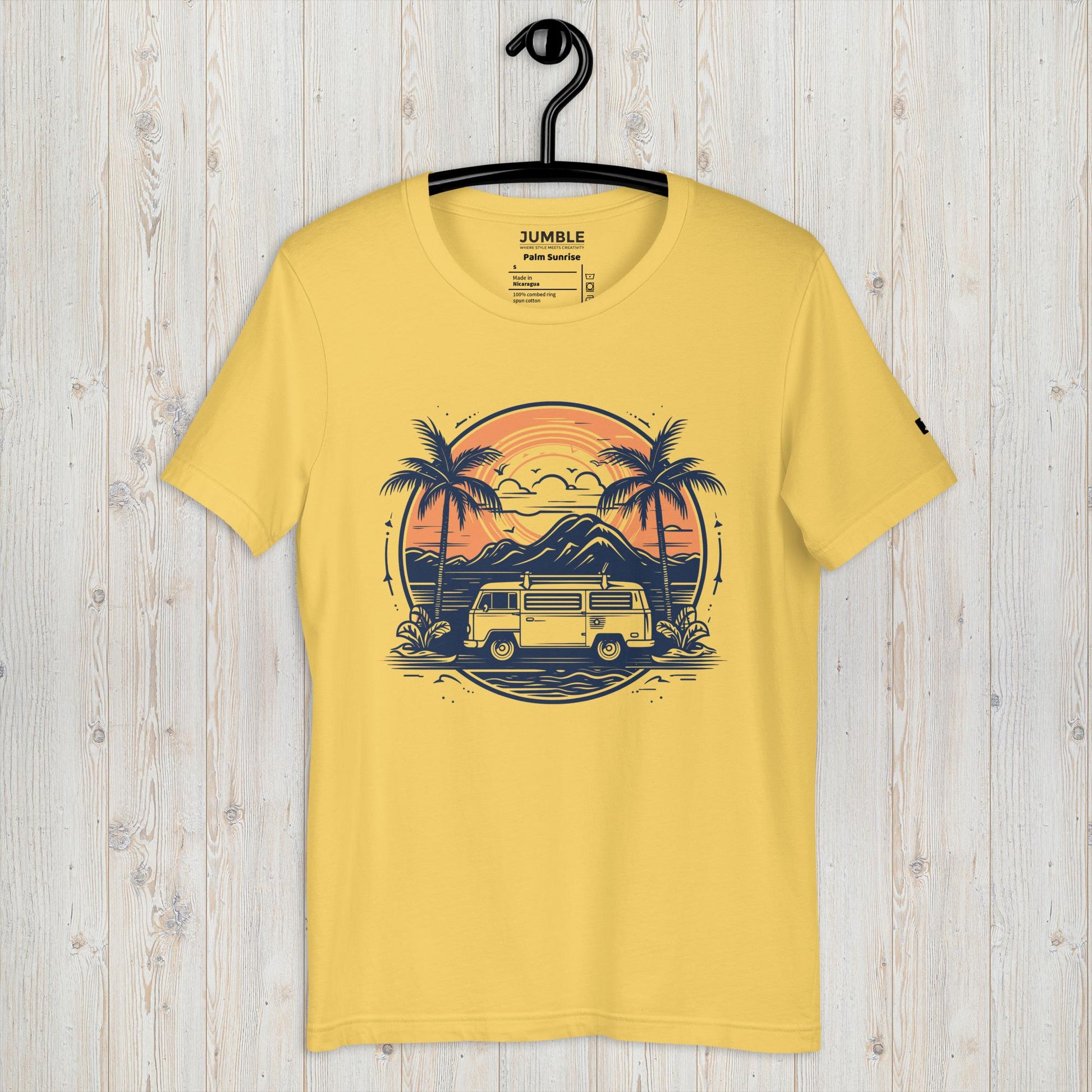 yellow Palm Sunrise Unisex t-shirt displayed on a hanger