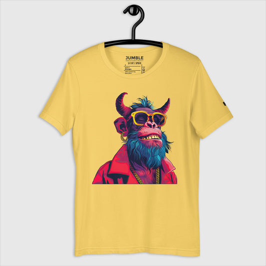 yellow Satan's Simian Unisex t-shirt on a hanger