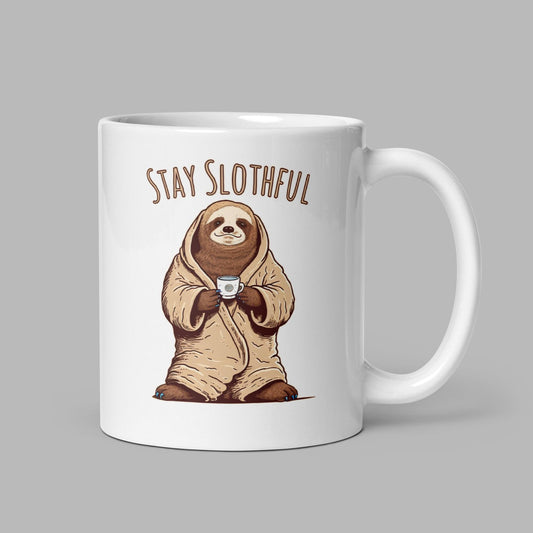 Weiße, glänzende Tasse „Stay Slothful“.
